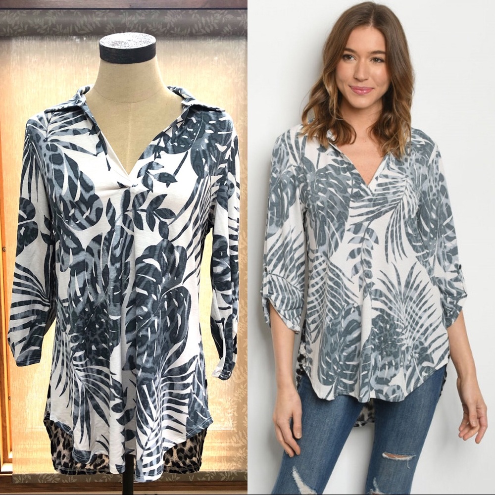 Leaves and Leopard Print Color-Block Top